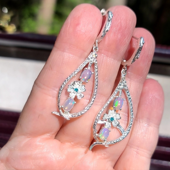 STUNNING Fire Opal & Sapphire Sterling floral earrings - Picture 9 of 9